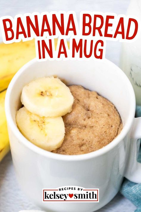 banana mug cake with banana slices on top. Banana Mug Cake Recipe, Banana Bread In A Mug, Banana Bread No Eggs, Bread In A Mug, Banana Bread Mug, Banana Mug Cake, Ripe Banana Recipe, Healthy Banana Muffins, Mug Cake Recipe