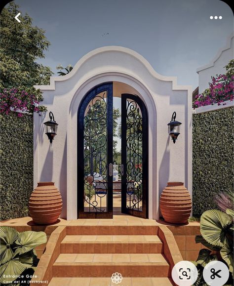 Round Gate Design, Arched Gates Entrance, Mediterranean Gate Entrance, Arch Gate Design Entrance, Gate Arches Entrance, Hacienda Entrance, Colored Stairs, Furniture Sofa Design, Wallpaper Ideas Bedroom