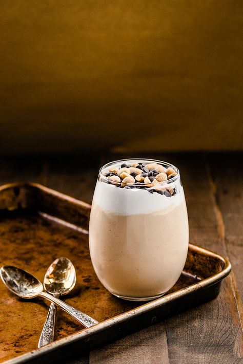 4-Ingredient Totally Amazing Vegan Peanut Butter Mousse - Organic Authority Conscious Eating, Vegan Pudding, Peanut Butter Mousse, Glass Serving Dishes, Sour Cream Recipes, Organic Peanut Butter, Silken Tofu, Vegan Peanut Butter, Coconut Whipped Cream