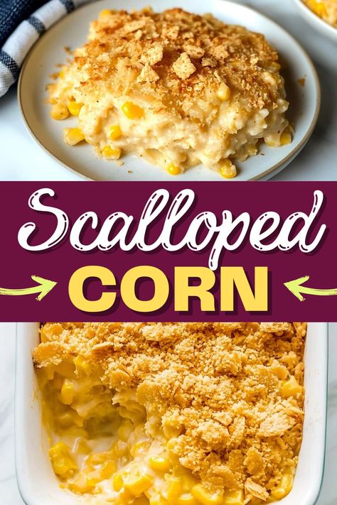 Scalloped corn casserole is a must-make for comfort food enthusiasts. From the creamy corn to the buttery crushed crackers, it's pretty darn delish. Hot Corn Side Dish Recipes, Hot Corn Recipes Side Dishes, Corn Casserole With Ritz Cracker Topping, Cream Corn Bake, Swiss Corn Casserole, Corn Au Gratin Casserole, Cracked Corn Casserole, Cream Style Corn Recipe From Can, Scalloped Corn Recipes Jiffy