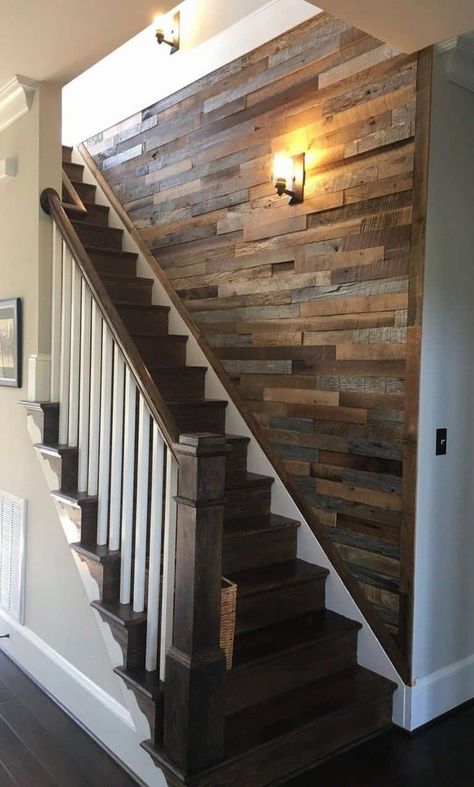 Accent walls give a character to your home. They reflect your tastes and showcase the homeowner’s personality. Of all the ideas, why not give a try to a wooden accent? Dröm Hus Planer, Finish Basement, Basement Stairs Ideas, Real Estat, Stair Case, Shower Remodel, Basement Remodeling, Finishing Basement, Home Fashion