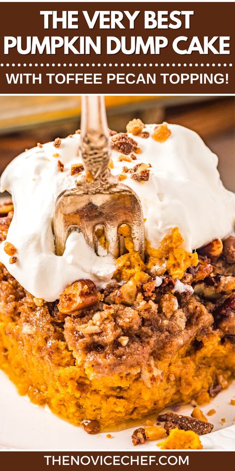 Nothing says fall better than pumpkin! This is my favorite recipe for an easy Pumpkin Dump Cake using a boxed mix that has a cakey, decadent texture and a crunchy pecan-toffee topping. New Neighbor Cake, Pumpkin Toffee Crunch Cake, Pumpkin Butter Pecan Cake, Better Than Anything Pumpkin Cake, Pumpkin Pecan Dump Cake Recipe, Pumpkin Spice Crumb Cake 12 Tomatoes, Fall Cake Recipes Easy, Pumpkin Pecan Dump Cake, Pumpkin Magic Bars