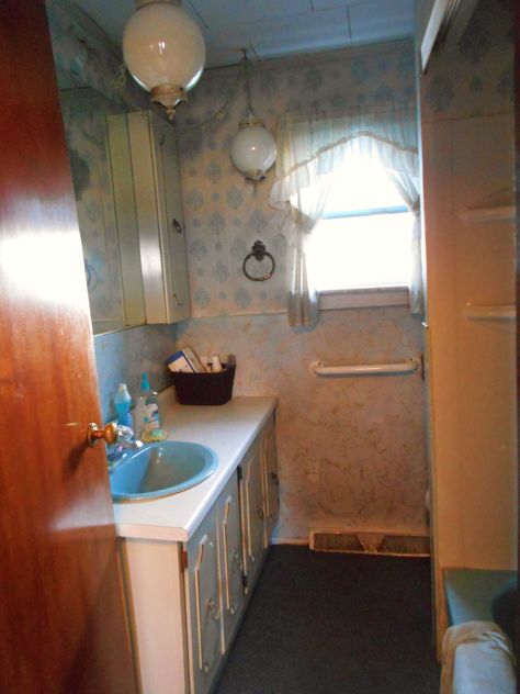 Our PRE RENOVATION farm house bathroom.  Last remodeled by my grandparents in the early 1970's.  The back of the vanity says 1973.  I was 8 years old in 1973. Midwest Gothic, 80s House, North Hills, Nostalgic Pictures, Ethel Cain, American Gothic, Retro Interior, Southern Gothic, Vintage Ideas