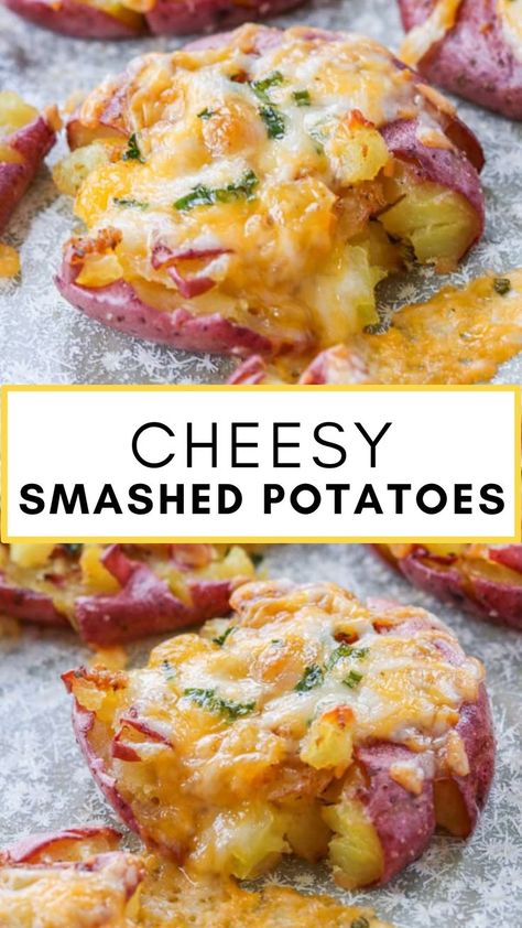 These Smashed Potatoes are small red potatoes boiled until slightly soft, smashed, and basted with a seasoned garlic butter. Then before being roasted for the second time in the oven, they’re topped generously with cheese and chives. It’s a delicious and super easy potato side dish for any night of the week and one you’ll add to your regular menu rotation.