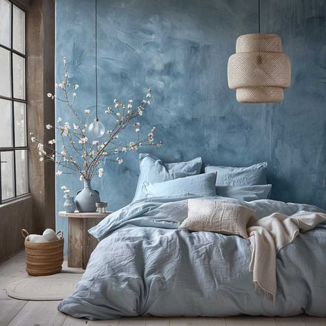 40+ Room Colour Suggestions for Every Mood and Personality • 333+ Art Images Duck Blue Bedroom, Blue Tones Bedroom, Indigo Room Aesthetic, Blue Earthy Bedroom, Dusty Blue Bedroom Ideas, Bedroom Blue Aesthetic, Blue Wall Bedroom Ideas, Light Blue Bedroom Walls, Blue Cozy Bedroom