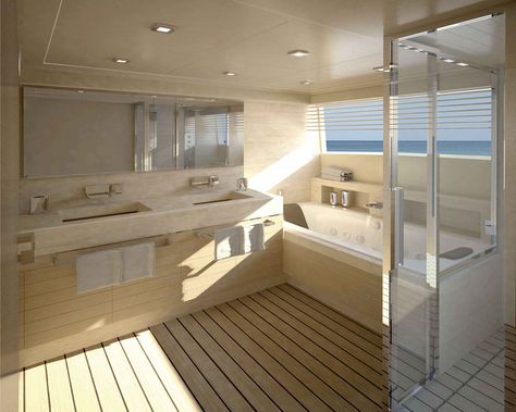 Yacht bathroom CHAPTER 10 Yacht Bathroom, White Marble Vanity, Custom Bathrooms, Bathroom Layout Ideas, Glass Door Design, Yacht Interior Design, Bathroom Floor Plans, Brown Cabinets, Floor Remodel