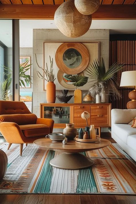 18 Colorful Mid Century Modern Living Room Designs 40 Mid Century Modern Living Room Design, Colorful Mid Century Modern, Beautiful Small Homes, Mid Century Modern Living, Mid Century Modern Living Room, Beige Sofa, Boho Bathroom, Mid Century Modern Decor, Lush Greenery