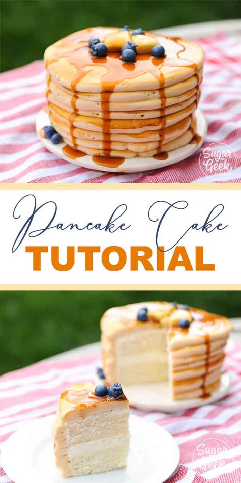 A pancake cake that looks like a stack of freshly baked pancakes, syrup, butter and some blueberries but it's really a cake! Even the batter tastes like pancakes! A super fun and easy cake to make. Pancakes Syrup, Birthday Breakfast Party, Pancake Party, Easy Cakes To Make, Flavored Pancakes, Pancake Cake, Cakes To Make, Realistic Cakes, Baked Pancakes