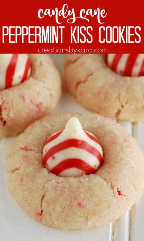 Candy Cane Peppermint Kiss Cookies - a shortbread cookie with crushed candy canes, topped with a peppermint kiss. These tasty Christmas cookies will just melt in your mouth! #peppermintcookies #candycanekisscookies #kisscookies #christmascookies @Creations by Kara Candy Cane Blossoms Recipe, Peppermint Kiss Sugar Cookies, Easy Valentine Treats For Work, Chocolate Candy Cane Kiss Cookies, Christmas Cookies Peppermint Kiss, Hersheys Peppermint Kiss Cookies, Christmas Baking Ideas Treats Gifts, Candy Cane Peppermint Cookies, Candy Cane Snacks