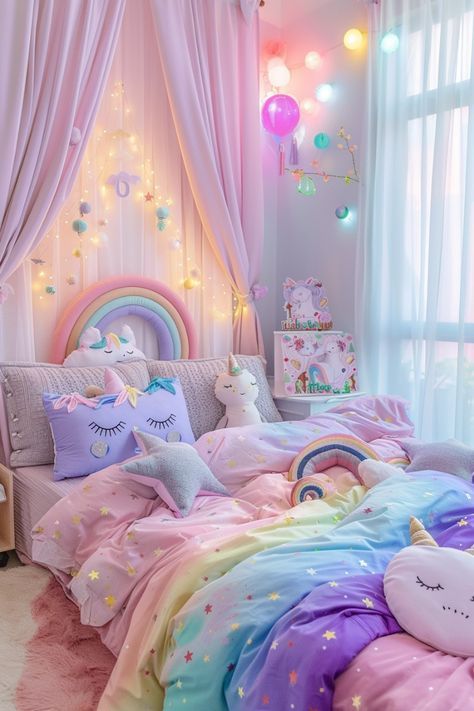 Rainbow Room Kids Girl Bedrooms, Girl Room Themes, Rainbow Theme Bedroom, Rainbow Bedroom Ideas Kids, Rainbow Kids Bedroom, Unicorn Bedroom Ideas, Rainbow Room Decor, Diy Toddler Bed, Unicorn Bedroom Decor