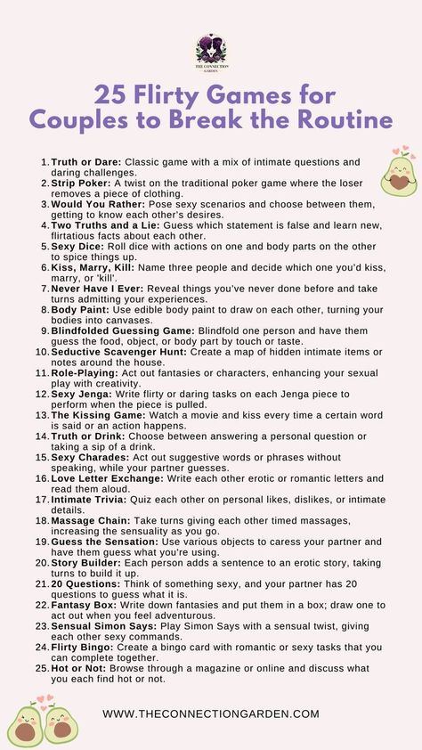 25 Flirty Games for Couples to Break the Routine Deeper Conversation For Couples, Couple Bonding Activities At Home, Things To Do To Spice Up A Relationship, Couple Games Ideas Intimate, Activities For Couples Bonding, Cute Couple Games, Couples Bonding Activities, Fun Couple Games At Home, Romantic Activities For Couples