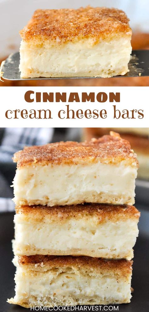 These 6-ingredient Cinnamon Cream Cheese Bars have a thick layer of cream cheese nestled between two layers of flaky crescent roll crust. Cream Cheese Crescent Roll Dessert, Cinnamon Cream Cheese Bars, Crescent Roll Recipes Dessert, Cheese Bars, Bar Desserts, Cream Cheese Bars, Cinnamon Cream Cheese, Cream Cheese Desserts, Cheese Bar