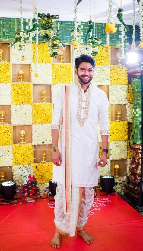 Dhoti Wedding Men, Pellikoduku Function Outfit For Men, Pattu Pancha For Men Wedding, Dhoti For Men Indian Weddings, Pelli Dress For Men, Talambralu Dress For Men, Groom Dhoti Wedding, Pelli Koduku Dress Indian, Pellikoduku Function Outfit