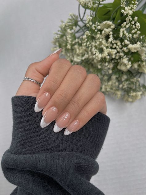 French Tip Nails Sparkly White, White Shimmer French Tips, Sparkly White French Tip Nails Almond, Sparkly White Tip Nails, White French Tip With Sparkle Line, White French Tip Nails With Sparkles, Grad Nail Ideas White, White French Glitter Nails, White Sparkle French Tip Nails Almond