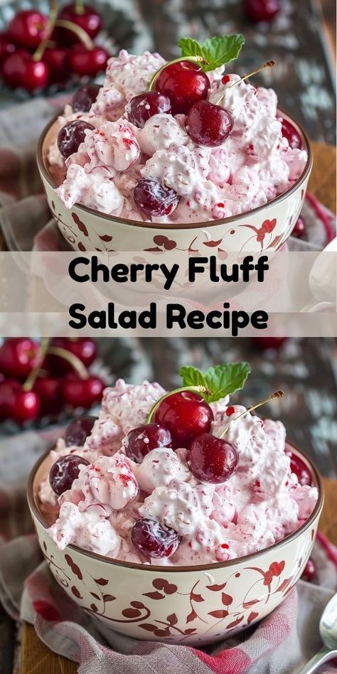 How about a new salad idea? This cherry fluff salad recipe is perfect! A delicious cherry dessert and refreshing addition to your salad recipes for dinner. Ideal for any occasion. Cherry Fluff Salad, Jello Fruit Salads, Cherry Fluff, Fluff Salad Recipes, Easy Fruit Salad Recipes, Cherries Salad, Christmas Salad Recipes, Fluff Salad, Fluff Recipe