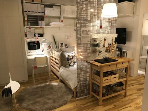 Ikea Studio Apartment Small Spaces, Studio Clothes Storage, Swedish Studio Apartment, 320 Sq Ft Studio Apartment, 300 Sq Ft Studio Apartment Ideas, 260 Sq Ft Studio, Studio Apartment With Kids, Small Studio Apartment Ideas 300 Sq Ft, Pullout Daybed