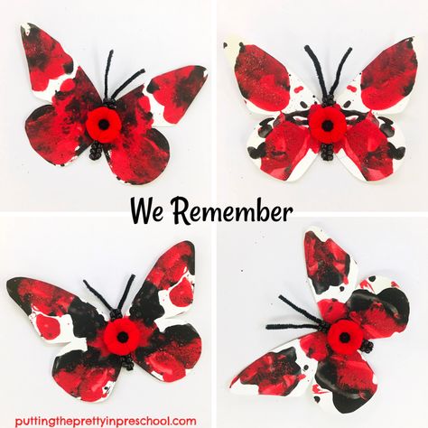 "We Remember" butterfly craft for Remembrance Day. Squish painted butterfly accented with beadwork, glitter, and a poppy. #butterflycraft #RemembranceDayCraft #poppycraft #bulletinboardidea #butterflycraftsforkids Remembrance Week Activities, Remember Day Activities For Kids, Remembrance Day Art For Preschoolers, Poppy Projects For Kids, Poppy Craft Kindergarten, Poppy Toddler Craft, Poinsettia Craft For Kindergarten, Remembrance Day Kindergarten Activities, Remember Day Craft