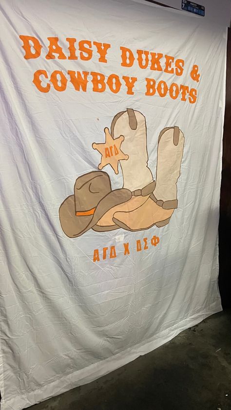 Daisy Dukes and Cowboy Boots Sorority Social Sorority Social Themes Mixer, Sorority Mixer Ideas, Date Party Ideas Sorority Social Themes, Sorority Mixer Themes, Sorority Banner Ideas, Sorority Social Themes, Mixer Themes, Sorority Socials, Formal Cooler Ideas