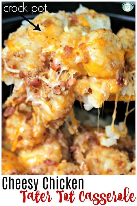 Freezer to crock pot (yes!) tater tot casserole with chicken - so cheesy! Also, super easy. #freezermeals101 #freezercooking #makeahead #tatertot #easyrecipes #crockpot #slowcooker #crockpotrecipes #freezertocrockpot Tater Tot Chicken Casserole, Tater Tot Casserole With Chicken, Tater Tot Casserole Crock Pot, Cheesy Chicken Tater Tot Casserole, Chicken Tater Tot Casserole, Tater Tot Casserole Recipes, Crockpot Casserole, Easy Crockpot Chicken, Tot Casserole