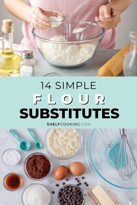 Need some breading for your chicken or a cup of flour for your favorite brownies? If you're all out, these flour substitute ideas are here to save the day! Flour Substitutes For Baking, Flour Substitute Chart, Substitute For Flour, Bread Flour Substitute, Substitute Ideas, Cooking Substitutes, Baking Soda Substitute, Substitute Ingredients, Shelf Cooking