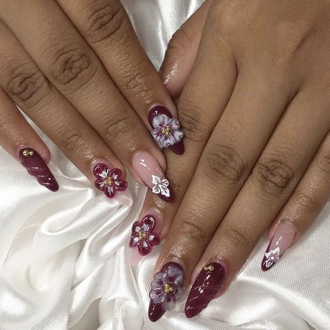 ig: nailssbyshareth Maroon Flower Nails, Dark Floral Nails, Maroon Nails Design, Maroon Nail Designs, Burgundy Nail Art, Burgundy Aesthetic, Orchid Nails, 3d Flower Nails, Maroon Nails