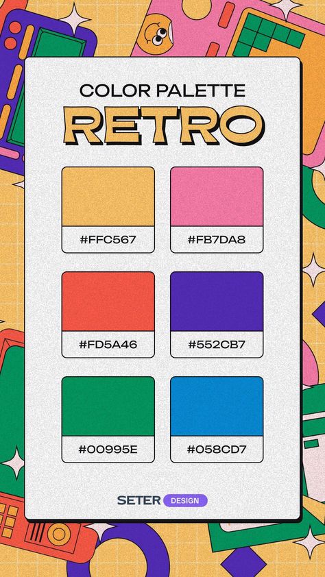 Fonts Design Retro Color Combos, 10 Colors Palette, Retro Poster Design Ideas, Retro Colors Palette, Contrasting Color Palette, Retro Color Pallet, Clowncore Color Palette, Color Palette For Poster, Color Palette 10 Colors