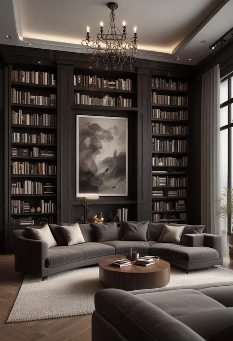 21 Elegant Built-In Shelves Ideas for the Living Room 13 Library Living Room Aesthetic, Book Storage Living Room, Cute Bookshelf Aesthetic, Living Room With Bookshelf, Cozy Library Room Ideas, Bookcase Aesthetic, Moody Basement, Room Full Of Books, Cozy Bookshelf