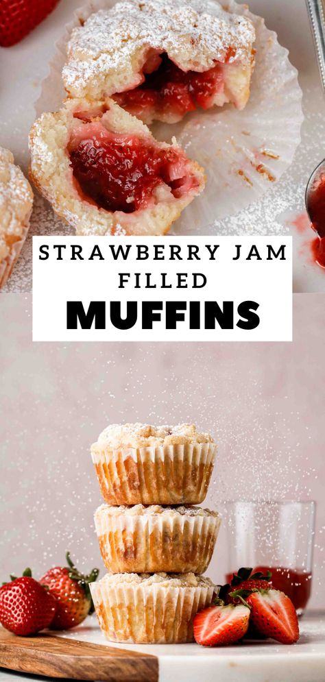 Strawberry jam filled muffins Jam Filled Muffins, Fresh Strawberry Jam, Muffins With Streusel Topping, Bakery Style Blueberry Muffins, Lifestyle Of A Foodie, Pumpkin Chocolate Chip Muffins, Simple Muffin Recipe, Strawberry Muffins, Fruit Dessert Recipes