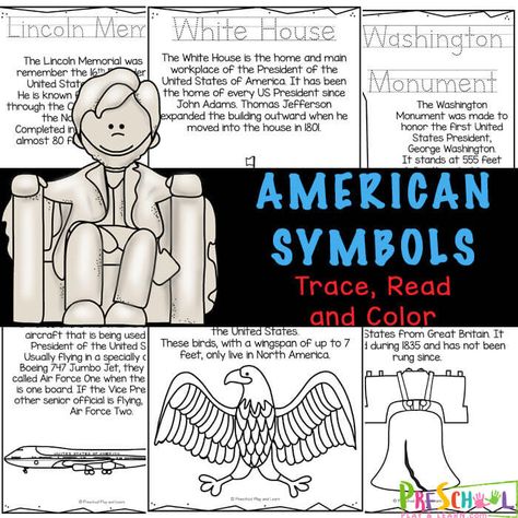 Introduce patriotic symbols to toddler, preschool, pre-k, and kindergarten, first grade, 2nd grade, and 3rd grade students will love this fun and free, American Symbols for Kids reader. This Activity helps kids strengthen fine motor skills and literacy skills as they trace, read and color the pages about the eagle, Air Force One, Jefferson Memorial, Liberty Bell, Lincoln Memorial, Lincoln Statue, Washington Monument, Mt Rushmore, Statue of Liberty, American flag, White House,  and the WWI ... Lincoln Statue, Preschool Color Activities, Color Activity, Patriotic Symbols, Activity For Preschoolers, Geography For Kids, Mt Rushmore, Jefferson Memorial, American Symbols