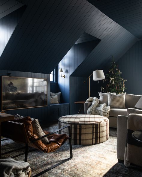 Before and NOW: The Bonus Room - Chris Loves Julia Loft Lounge Ideas Upstairs, Dark Walls Vaulted Ceiling, Dark Attic Room, Masculine Bonus Room, Monochromatic Walls And Ceiling, Black Bonus Room, Teen Lounge Furniture, Moody Attic Office, Dark Blue Game Room