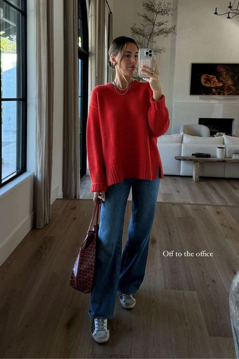 I love this red sweater and decided to pair it with wide leg pants to make a more relaxed look. It's a good cozy winter look...unfortunately we're not onto spring yet, so if you're interested in recreating this look, I've linked everything on my LTK page! | winter, red, sweater, pants, wardrobe, clothing, looks, outfits, inspiration, style, fashion, sneakers Minimal Outfit Winter, Red Hoodie Outfit, Orange Sweater Outfit, Red Sweater Outfit, Wardrobe Clothing, Chic Work Outfit, Dome Earrings, Winter Sweater Outfits, Cute Work Outfits