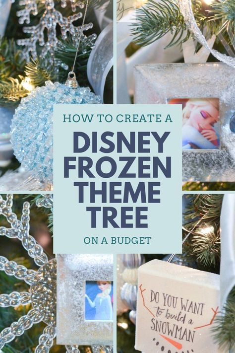 How to create a DIY Disney Frozen theme tree on budget using handmade decorations. Elsa Christmas Tree Ideas, Frozen Themed Christmas Decorations, Disney Frozen Theme Christmas Tree, Disney Chrismas Tree, Disney Frozen Christmas Tree, Blue Themed Christmas Tree Ideas, Frozen Themed Christmas Tree, Frozen Christmas Tree Decorations, Disney Themed Christmas Trees