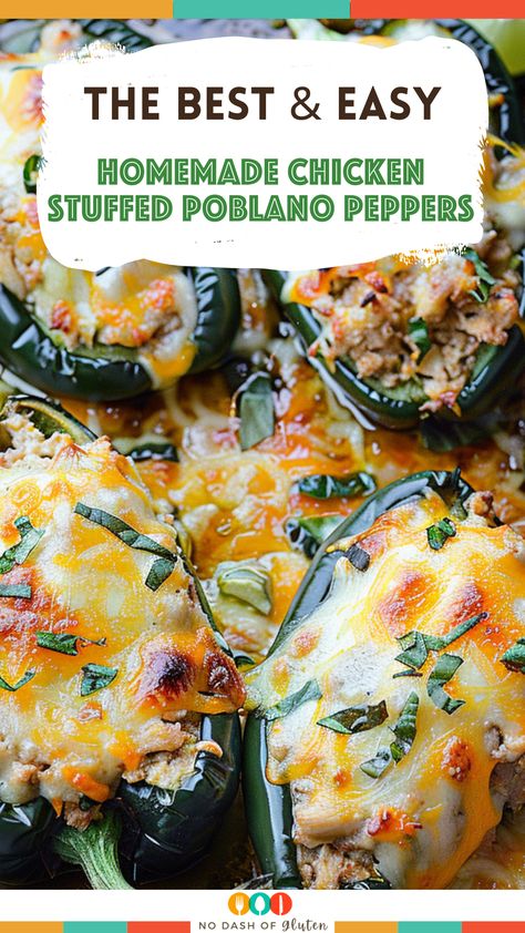 Spice up your dinner with Homemade Chicken Stuffed Poblano Peppers! These flavorful peppers are packed with a delicious mixture of shredded chicken, rice, corn, and Monterey Jack cheese, all seasoned to perfection. It's a hearty, satisfying dish that brings a touch of Mexican flair to your table. Perfect for family dinners or entertaining guests. Try this easy and mouth-watering recipe tonight and impress your loved ones! Pin this recipe now and get cooking! Buffalo Chicken Stuffed Poblano Peppers, Things To Make With Poblano Peppers, Stuffed Chili Relleno Recipe Anaheim Peppers, Ground Chicken Poblano Peppers, What To Make With Poblano Peppers, Chicken And Poblano Peppers, Chicken And Cheese Stuffed Poblano, Stuffed Pablo Peppers With Chicken, Stuff Poblano Pepper Recipes