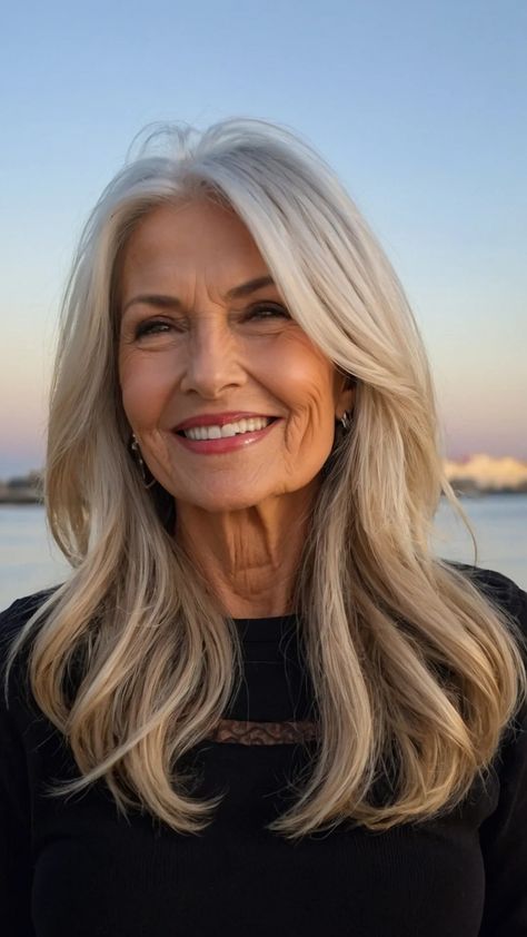 Chic Layers Over 50: 15 Jaw-Dropping Hairstyles for the Modern Woman - Inspire Inlet Long Hair Side Bangs Round Face, Haircuts For Collarbone Length Hair, Wash And Go Hairstyles For Straight Hair, Blonde Hair In Your 40s, Long Blonde Hair Styles For Women Over 50, Longer Length Hair With Layers, Long Bangs Side Part, Heavy Layers Long Hair, Long Hair Styles For 50+ Women