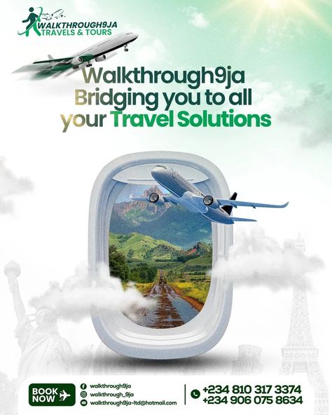 Social Media Design for WALK THROUGH 9JA The Number one Travel Agency 🎯🎯🎯 . . . . . . . . . Let us handle your Designs . . . . #socialmedia #travel #fleyer #theairport #air #designers #designers #designinspiration Travel Insurance Creative Ads, Travel Package Design, Travel Agency Design, Travel Social Media Design, Travel Magazine Layout, Event Poster Design Inspiration, Travel Advertising Design, Travel Banner, Travel Advertisement