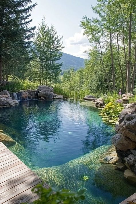 Swimming Pool In Woods, Natural Lake Pool, Wild Swimming Pool Garden, Natural Pool With Waterfall, Bio Pool Natural, Outdoor Natural Pool, Natural Swimming Pools Backyard, Indoor Natural Pool, Natural Pool Designs