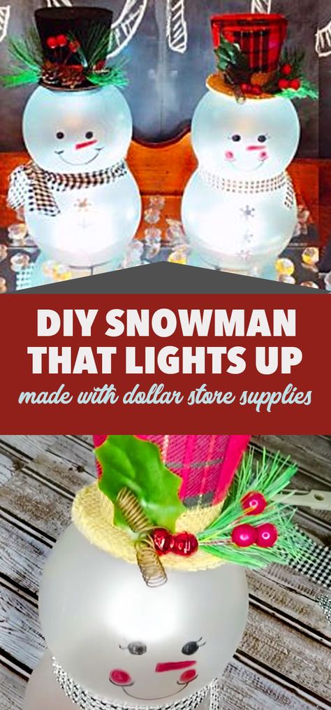 Dollar Store Christmas Crafts - DIY Snowman That Lights Up - Cheap Holiday Decor Ideas #christmas #christmascrafts #dollarstorecrafts Dollar Tree Christmas Presents Diy, Fishbowl Snowman Diy Christmas Crafts, Dollar Tree Gumball Machine Diy, Light Up Snowman Craft, Snowman Crafts Dollar Tree, Snowman Vase Diy, Winter Dollar Store Crafts, Christmas Arts N Crafts, Dollar Tree Christmas Snowman