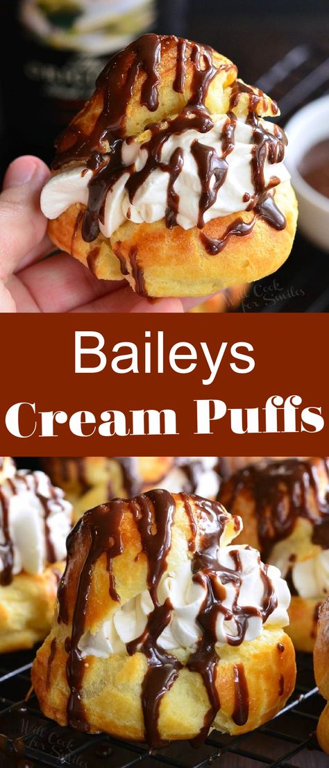 Christmas Cream Puffs, Baileys Whipped Cream, Cream Puffs Recipe Easy, Baileys Cream, Cream Puffs Easy, Baileys Irish Cream Recipes, Chocolate Cream Puff, Irish Cream Recipe, Baileys Recipes