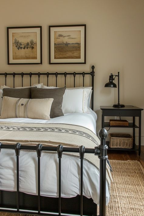 25 Inspiring Black Metal Bed Frame Bedroom Ideas - Roomy Retreat Metal Bed Frame Decor, Guest Bedroom Ideas Black Bed Frame, Unique Guest Bedroom Ideas, Black Iron Bed Frame Bedroom Ideas, Iron Bed Frame Ideas, Iron Bed Frame Bedroom Decor, Iron Bedframe Room Ideas, Iron Bed Frame Bedroom, Black Bed Frame Decor