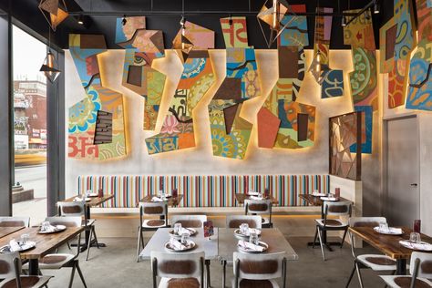 Dhamaka Fun Restaurants In Nyc, Tiered Seating, Timber Ceiling, Japanese Minimalism, Restaurant New York, Chinese Design, Nyc Restaurants, Cafe Interior Design, Restaurant Interior Design