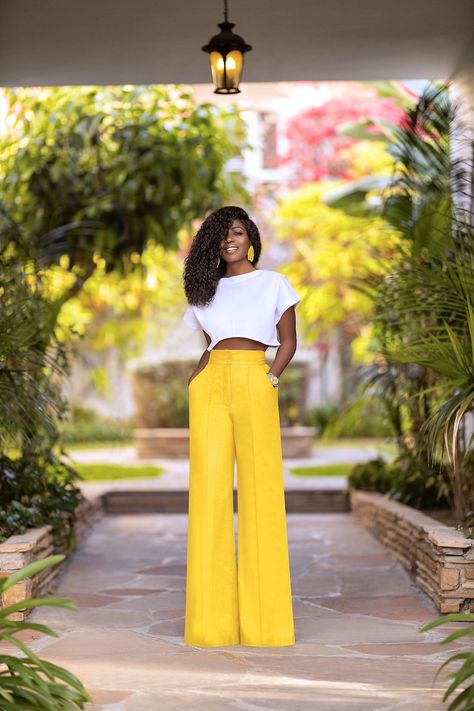 Buttoned-Back Crop + High Waist Pants – StylePantry Yellow Trousers Outfit, Yellow Pants Outfit, Wide Leg Trousers Outfit, Black Pants Outfit, High Waisted Pants Outfit, Style Pantry, Leg Pants Outfit, Trouser Outfit, Yellow Pants