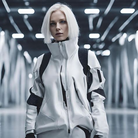 woman with shoulder length white hair wears a white techwear jacket with black accents. she stands in a futuristic environment with neon lights Cyberpunk Outfit Futuristic, Lunarcore Fashion, Cyberpunk Clothing Female, Cyberpunk Minimalist, Futuristic Aesthetic Future Fashion, Minimalist Cyberpunk, Cyberpunk Outfit Women, Starfield Aesthetic, Futuristic Techwear