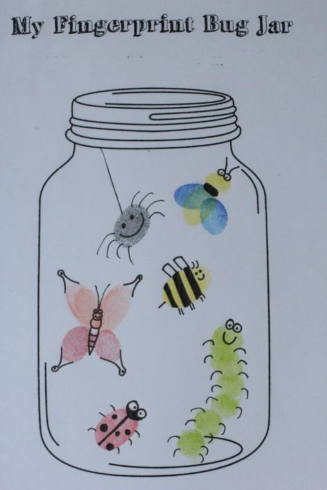 Found this FREE mason jar printable........ (http://avirtuouswoman.org/fingerprint-bug-jar-printable/)     Such a fun craft w/added writing prompt.  craft by Erin Mitchell Bug Activities, Insect Crafts, Fingerprint Art, Insects Theme, Bug Crafts, Footprint Art, Daycare Crafts, Handprint Art, Toddler Art