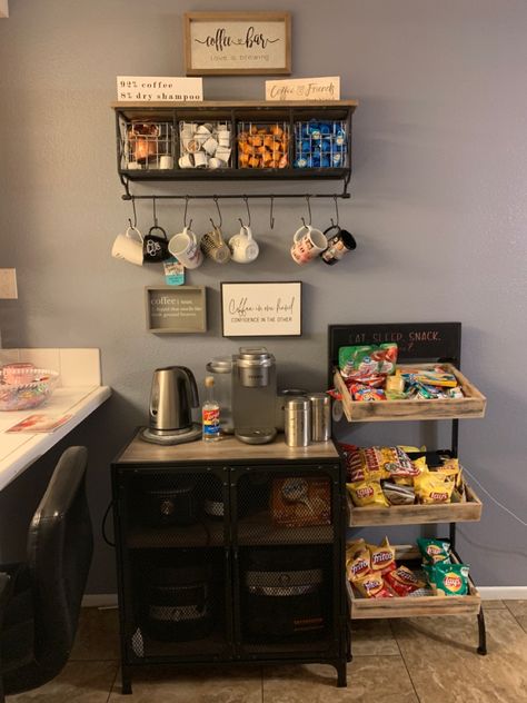 Coffee Bar Station Small Spaces Office, Snack Table Office, Office Hospitality Station, Coffee Bar In Office Small Spaces, Snack Bar Table Ideas, Coffee Bar Ideas For Work Office, Snack Bar In Kitchen, Coffee Bar Ideas For Classroom, Coffee Bar Ideas Office Tea Station