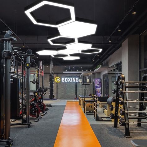 Boxing Gym Design, Wall Lights Diy, Hexagon Decor, Gym Architecture, Commercial Gym Design, Gym Lighting, Dream Home Gym, Gym Design Interior, Modern Hanging Lights