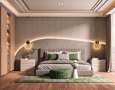 Interior Of Bedroom Modern, Wall Beading Design Bedroom, Special Bedroom Design, Premium Bedroom Interior, Vertical Interior Design, Bed Panelling Modern Luxury, Wavy Ceiling Design, Bedroom Wall Designs Modern Luxury, Morden Luxury Bedroom Design