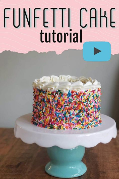 It is so easy to make sprinkle cake! Come watch our tutorial for achieving this simple but stunning funfetti cake. How To Make A Sprinkle Cake, How To Decorate Cake With Sprinkles, Diy Sprinkle Cake, How To Sprinkle Side Of Cake, Funfetti Cake Ideas, Simple Kids Birthday Cake, Birthday Cake Easy Decorating, Sprinkle Covered Cake, Easy Birthday Cake Ideas