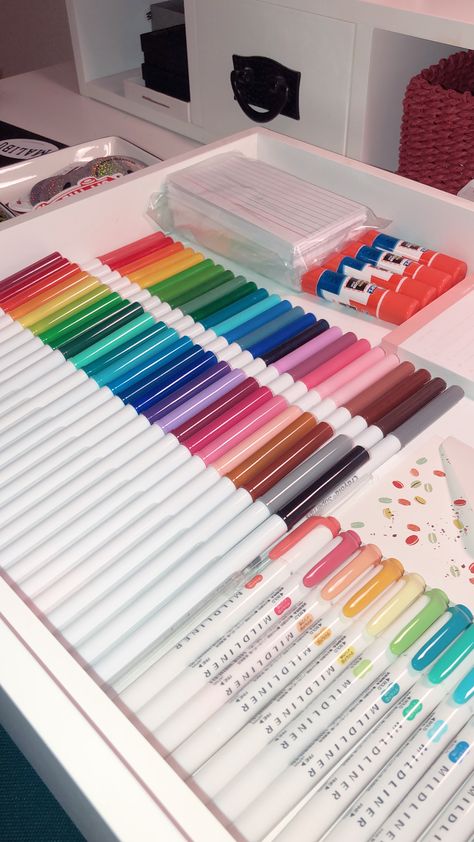 Satisfying Organization, Middle School Supplies, Preppy School Supplies, Stationary Organization, Marker Storage, Study Stationery, Cool School Supplies, Stationery Essentials, Pen Organization