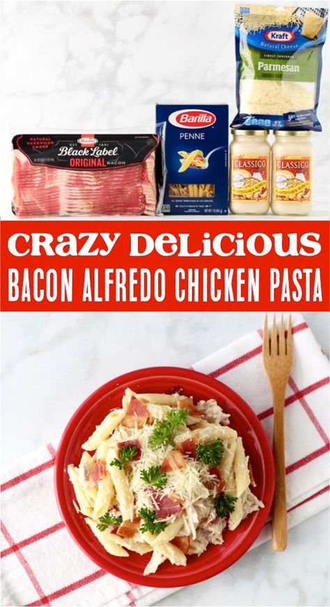 Easy Pasta Recipes Few Ingredients!   This easy chicken bacon alfredo pasta is the perfect EASY + flavorful dinner to add to your weeknight menu! Chicken Bacon Pasta Crockpot, 5 Ingredient Chicken Alfredo, Crockpot Creamy Chicken Pasta Marinara And Alfredo, Crockpot Chicken Alfredo Easy Jar, Chicken Bacon Alfredo One Pot Pasta, 5 Ingredient Crockpot Recipes, Alfredo Chicken Pasta, Cook Chicken In Crockpot, Pasta Crockpot