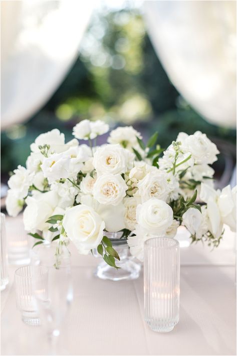 Flowers On Sweetheart Table, Wedding Centerpieces Inspiration, Small Head Table, Cotton Centerpiece Wedding, Picture Frame Centerpiece Wedding, Floral Wedding Centrepiece, White Floral Centerpieces Round Table, White Ranunculus Centerpiece, All White Flower Centerpieces